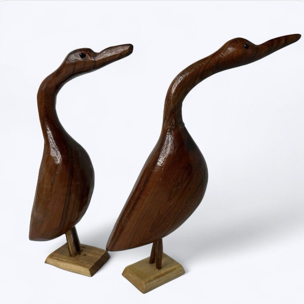 2 Vintage Hand Carved Wooden Long‎ Neck Bird Figurines Heron Crane Sculpture 9"